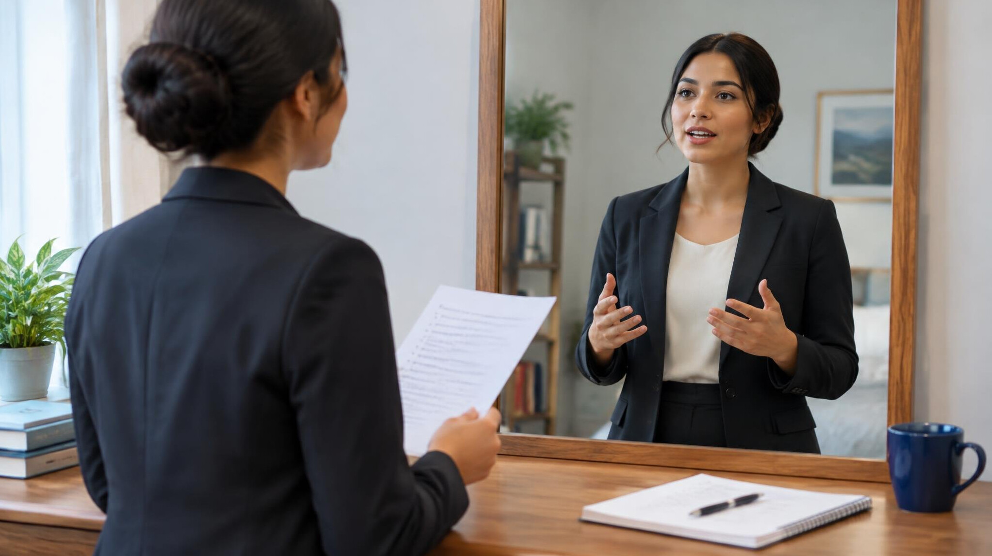 woman practicing speech in mirror